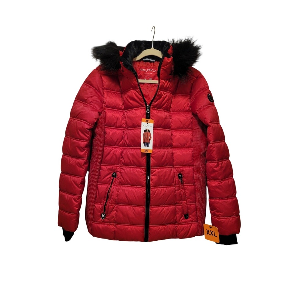 Nautica Women Red Puffer Jacket Detachable Faux Fur Hood Water Resistant XXL NEW